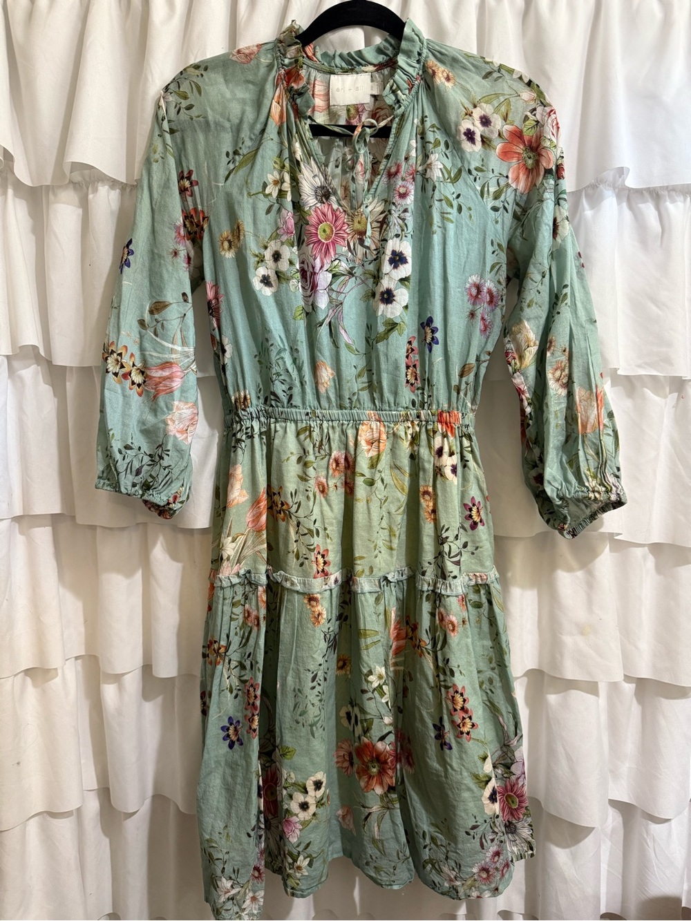 ANTHROPOLOGIE 100% cotton Eri + Ali - Sage Green Floral Tiered Midi Dress